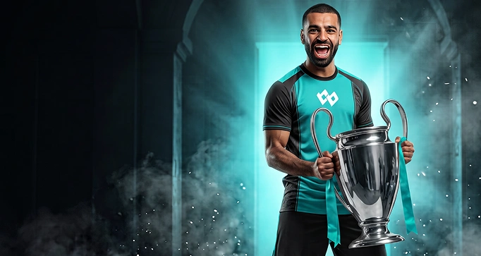 Football player wearing a Betbob jersey and holding a trophy